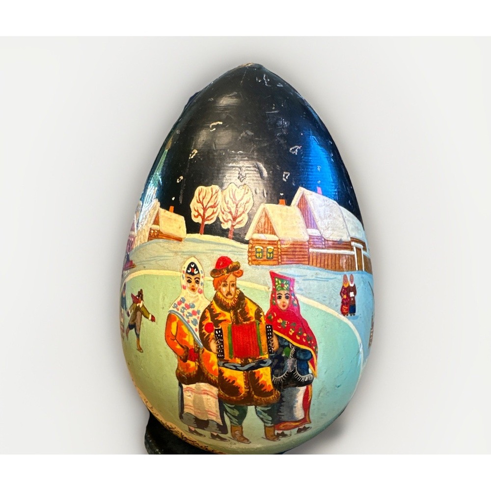Vtg Hand Painted 6" Wooden Egg Russian Folk Art Lacquer‎ Winter Signed 1996